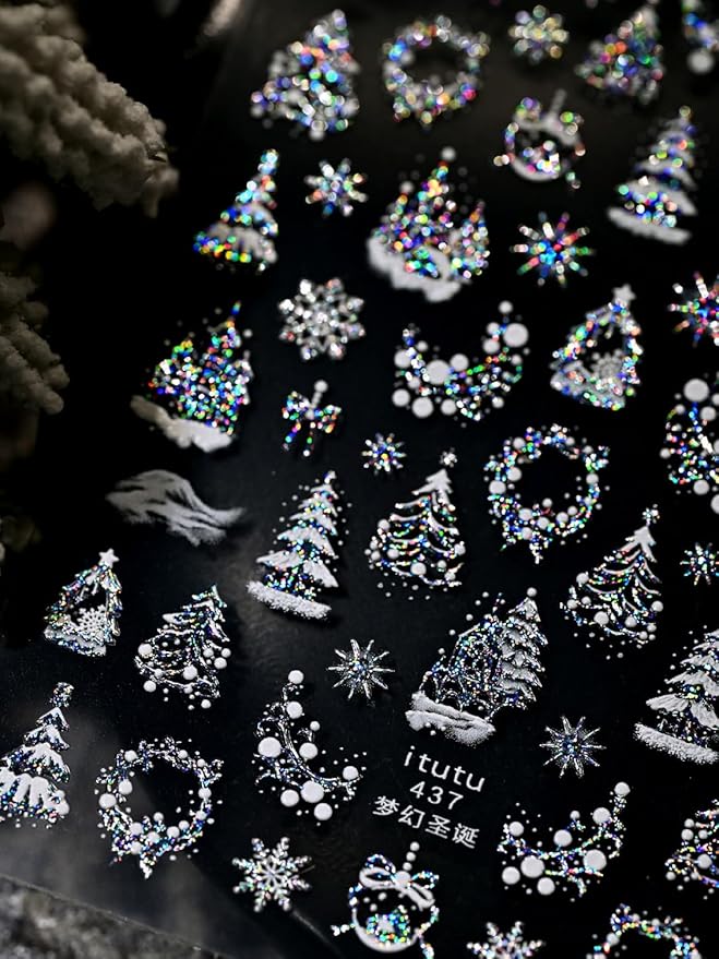 1 Sheet Christmas Nail Stickers Rainbow Silver Decals with Design Bow and Star Nail Decals Snowflake Design Self Adhesive Colorful Xmas Tree Nails Stickers for Women Girls Kid Manicure Decoration