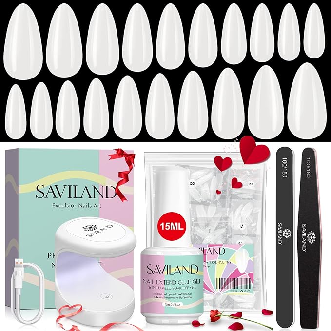 SAVILAND Gels Nail Kit Almond: Natural Nail Tips 500 Pcs and 4 In 1 Nail Glue Gel, U V/LED Nail Lamp Pre-shaped White Full Cover False Nails for Acrylic Nail Kit Nail Art DIY Salon At Home Gift