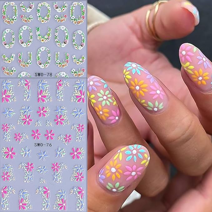 6 Sheets Flower Nail Art Stickers Rose Daisy Nails Art Decals 3D Self-Adhesive Nails Sticker Holographic Stereo Blossom Decal Decoration for Women Wreath Manicure Stickers DIY Nail Supplies