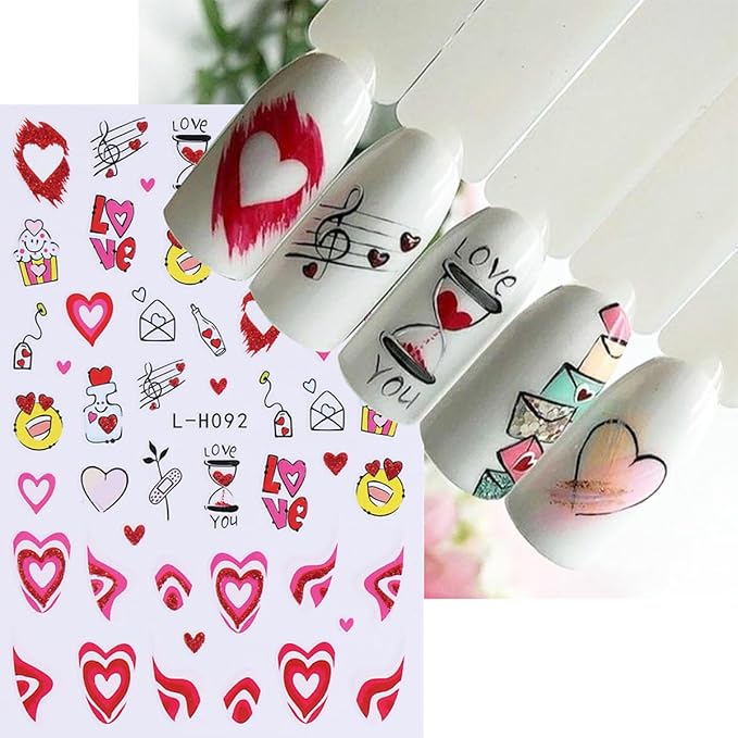 Valentine’s Day Nail Stickers for Nail Art Valentines Love Heart Nail Art Stickers 8PCS Heart Rose Lips Cartoon Valentines Nail Adhesive Decals Nail Art Supplies for Holiday Manicure Nail Decoration