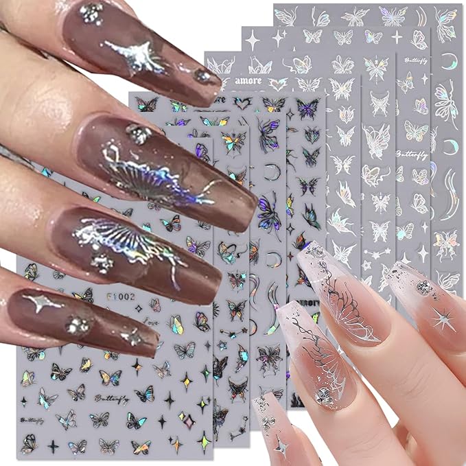 8 Sheet Black White Butterfly Nail Art Stickers 3D Butterflies Nail Decals for Women 3D Holographic Laser Butterfly Sparkly for Nail Designs Butterfly French Glitter DIY Nail Charm Manicure Decoration