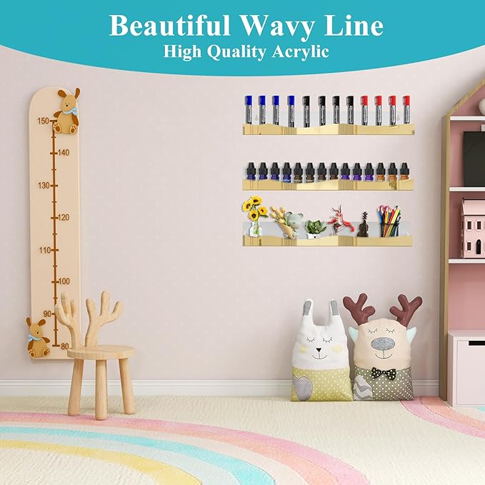 12 Pack Gold Mirror Nail Polish Racks 15 Inch Acrylic Wall Mount Shelves with Stopper for Nail Polish Organizer, Picture Frames, Books, Home Dec