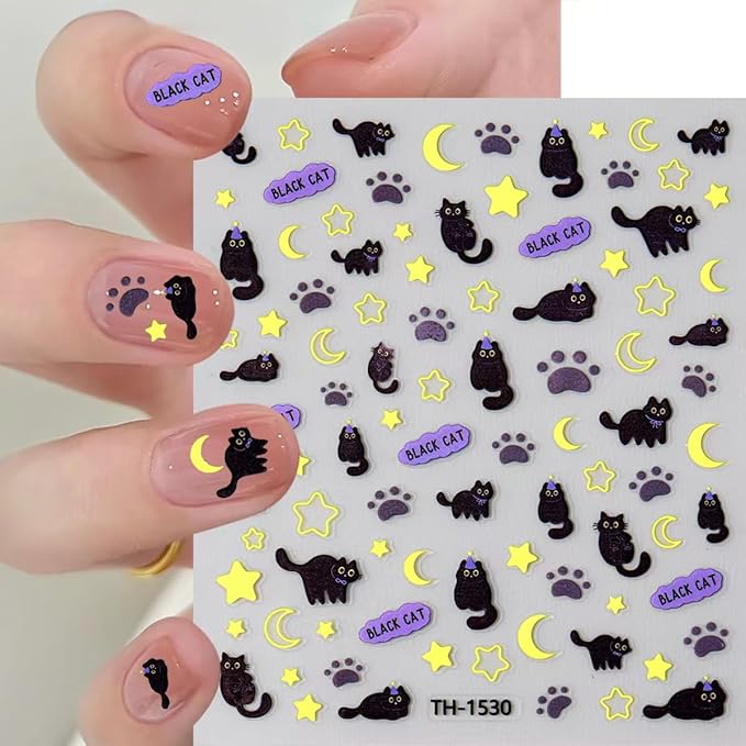 Black Cat Nail Art Stickers, 8 Sheets, Cat Nail Stickers,Cartoon Animal Self-Adhesive Nail Decals Supplies Cute Cartoon Manicure Sliders for Women Girls Nail Art Decorations