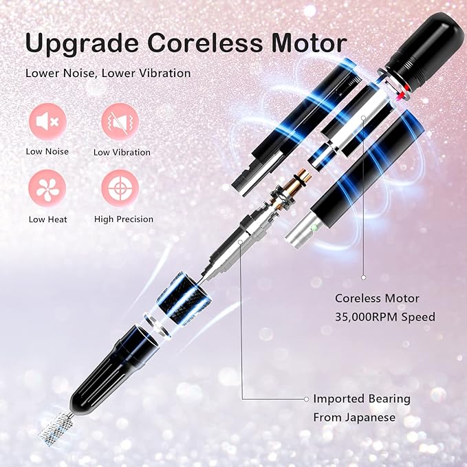 Professional Nail Drill Machine, Lavinda 35000RPM Electric Nail File for Acrylic Gel Nails, Cordless Portable Nail Drill Kit with Coreless Motor, Manicure Pedicure Shape Tools (Diamond, Pink)