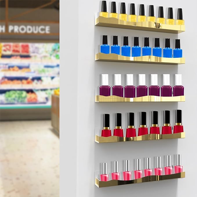 12 Pack Gold Mirror Nail Polish Racks 15 Inch Acrylic Wall Mount Shelves with Stopper for Nail Polish Organizer, Picture Frames, Books, Home Dec