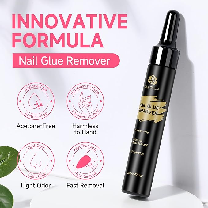 UNA GELLA Quick Removal Gel Nail Glue Remover for Press On Nails: Acrylic Nails Semi Solid Nail Glue Acetone-Free, Not for Gel Polish Base Coat Soak Off Remover Kit Drip Use, 12ml*2pcs