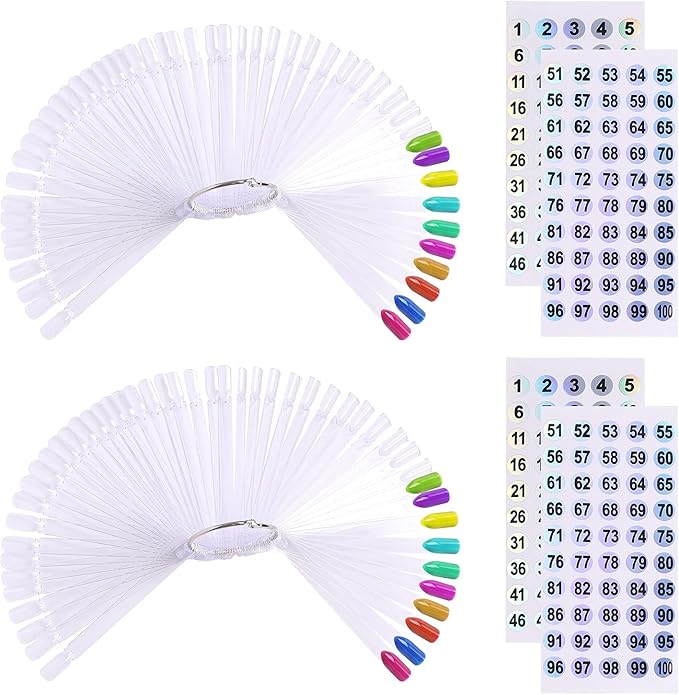 100 ps Fan-Shaped Nail Swatch Sticks with Number Stickers, Nail Practice Sticks, Color Display Wheel, Sample Tips(Transparent)