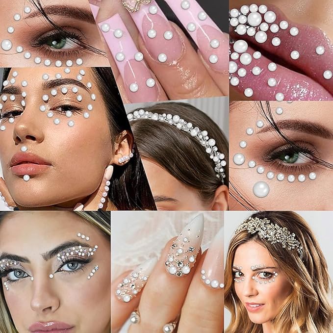 3090 Pcs Face Pearls Stickers White Self-Adhesive Face Gems Stick On Pearl Hair Accessories Glitter Bling Jewels Stickers for Crafts Decoration DIY Scrapbook Embellishments 4 Sizes 3/4/5/6 mm
