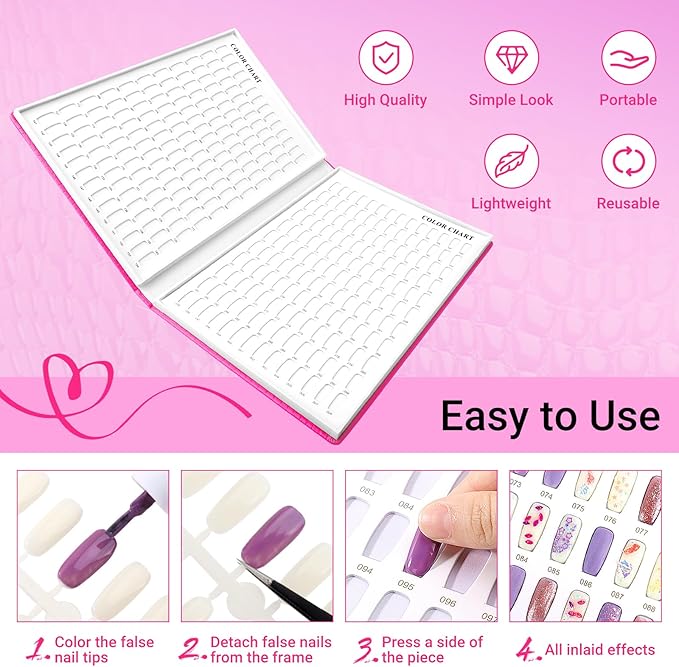 Segbeauty 308 Color Nail Polish Swatches Book for Press Ons, Gel Nail Display Book, Red Press On Nails Stand with 360 Fake Nails Tips, Polish Swatches Color Display Board Organizer Case Art Salon