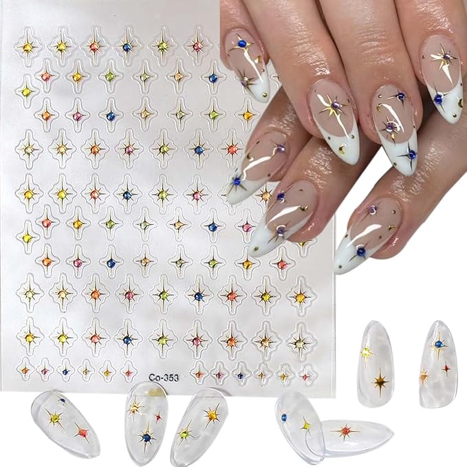 Gold Nail Stickers Star Nail Art Stickers Self Adhesive Nail Decals Rhinestones Nail Art Decals Summer Nail Designs for Women Girls DIY Manicure Accessories