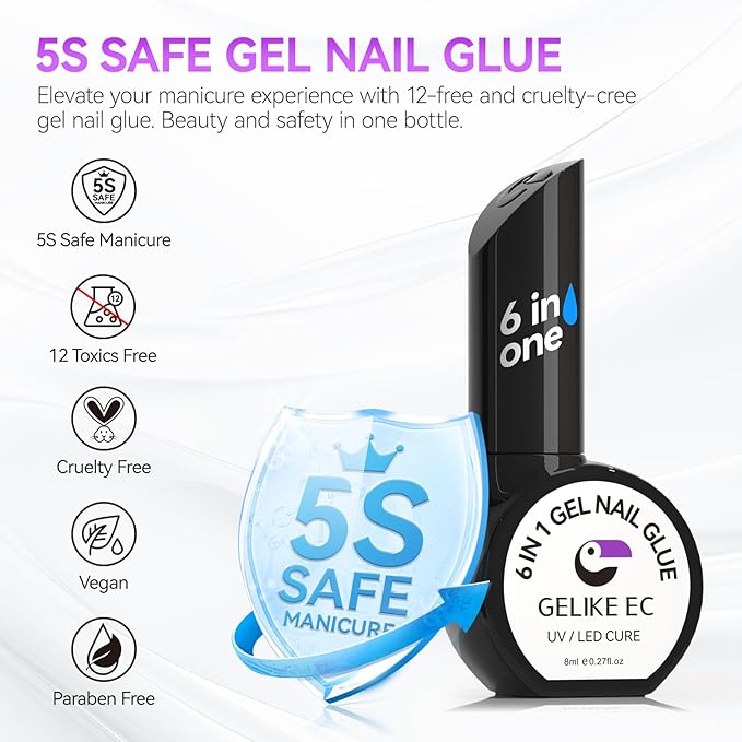 Gelike EC Nail Glue Gel 6 in 1 for Press-On Nails and Nail Tips Long Lasting Extension Strong Hold Brush-On UV Adhesive for Acrylic Tips Quick Dry Low-Odor No Pop-Off DIY at Home & Salon Art Use
