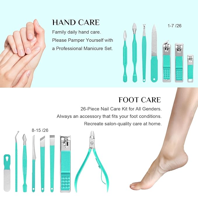 Nail Clippers Set, 26 Piece Manicure Set & Pedicure Kit, Stainless Steel Fingernail & Toenail Clipper Cutters, Professional Nail Care Tools with Luxurious Travel Case for Men and Women, Turquoise