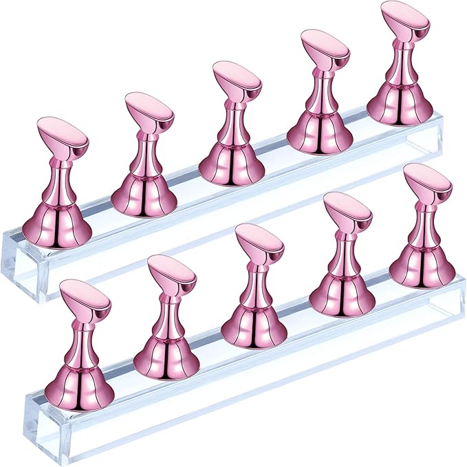 Blulu 2 Sets Nail Stand for Press on Acrylic Nails Display Practice Magnetic Fake Nail Holder for Painting Nails for False Fingernail Manicure Tool Home DIY Salon Supplies(Pink)