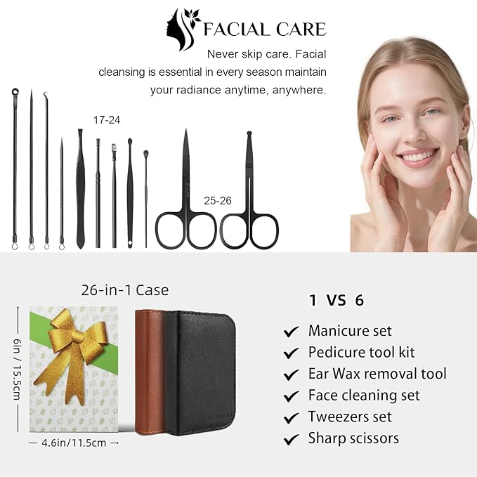 Nail Clippers Set, 26 Piece Manicure Set & Pedicure Kit, Stainless Steel Fingernail & Toenail Clipper Cutters, Professional Nail Care Tools with Luxurious Travel Case for Men and Women, Brown