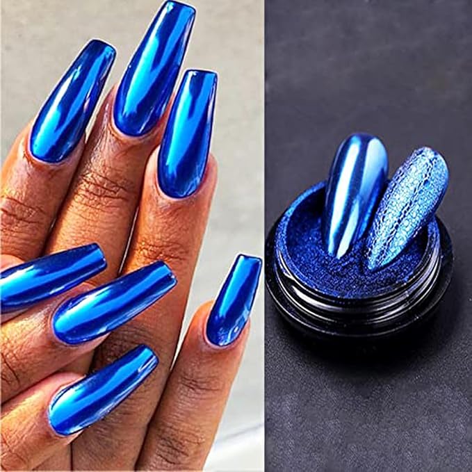 1 Box Mirror Nail Art Glitter Holographic Metallic Gold Sliver Dust Sequins UV Gel Nail Chrome Powder Pigment Decoration, Blue Chrome Nail Powder