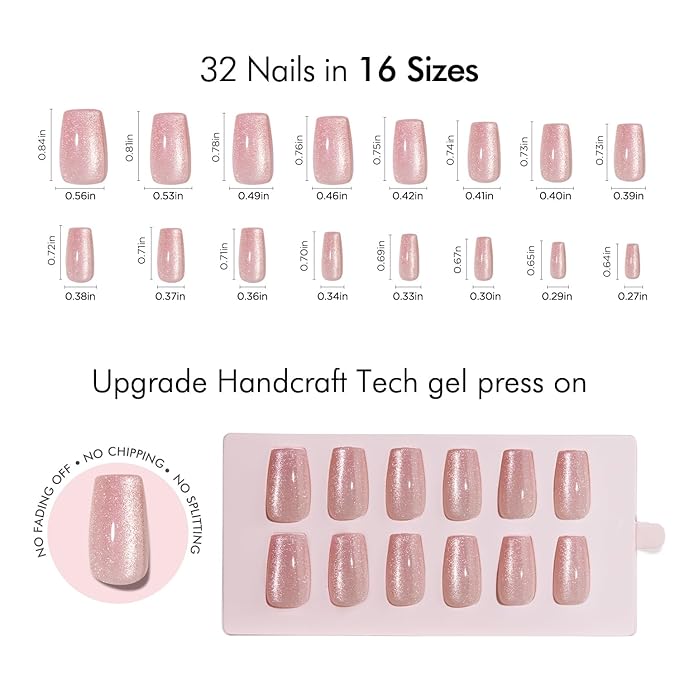 VSALON Press On Nails Short Coffin - Pink Cat Eye Glitter Glue on Nails, Reusable Opaque Winter Fake Nails with Glue, Protector Cuticle Oil, Adhesive Tabs - 32 PCS Stick On Nails in 16 Sizes