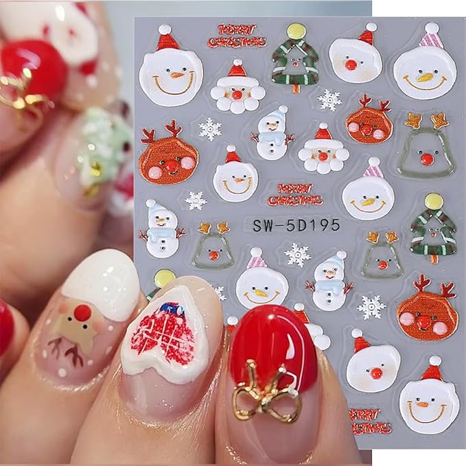 2 Sheets Christmas Nail Stickers 5D Embossed Winter Nail Art Stickers Self-Adhesive Santa Claus Xmas Tree Snowflake Rhinestones Designs Holiday Nails Gold Nail Decals for Women Acrylic Nails Decor