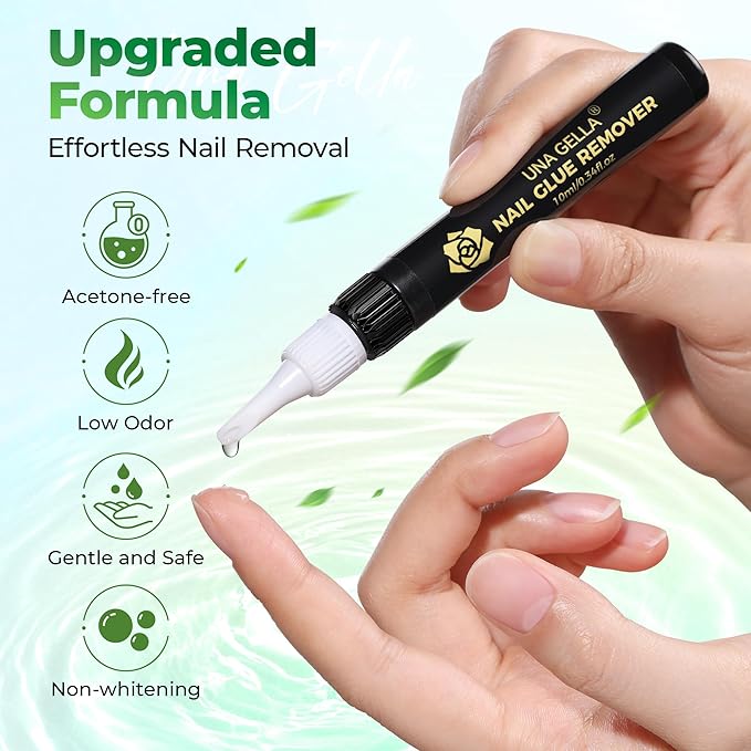 UNA GELLA Nail Glue Remover for Press On, 2Pcs*10ml Fast Removal No Tools Needed Gentle Non-Acetone Formula for Air-Dry Nail Polish Semi Glue Gelly Tabs Nails Tips 0.68fl.oz, Not for U V/LED Gel