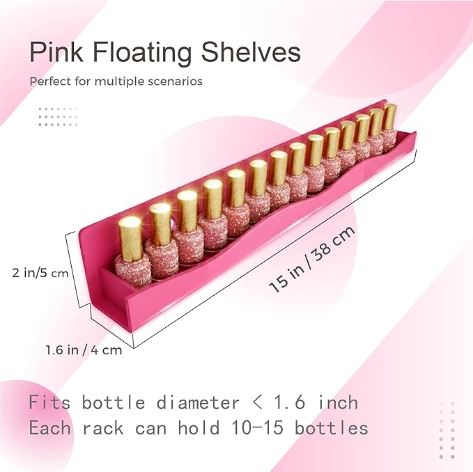 YMVV 6 Pack Nail Polish Wall Mounted Shelf,15 Inch Nail Polish Floating Shelves for 66-90 Bottles Multi-Purpose,Ideal Gift, Great Display for Salons Retailers,Dark Pink