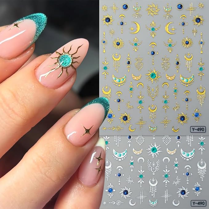 Gold Silver Star Sun Moon Nail Stickers for Nail Art 3D Self-Adhesive Stars Sun Moon Nail Tip Decals Spring Summer Fall Daily Design Manicure Decoration Accessories Stickers for Women DIY Nails