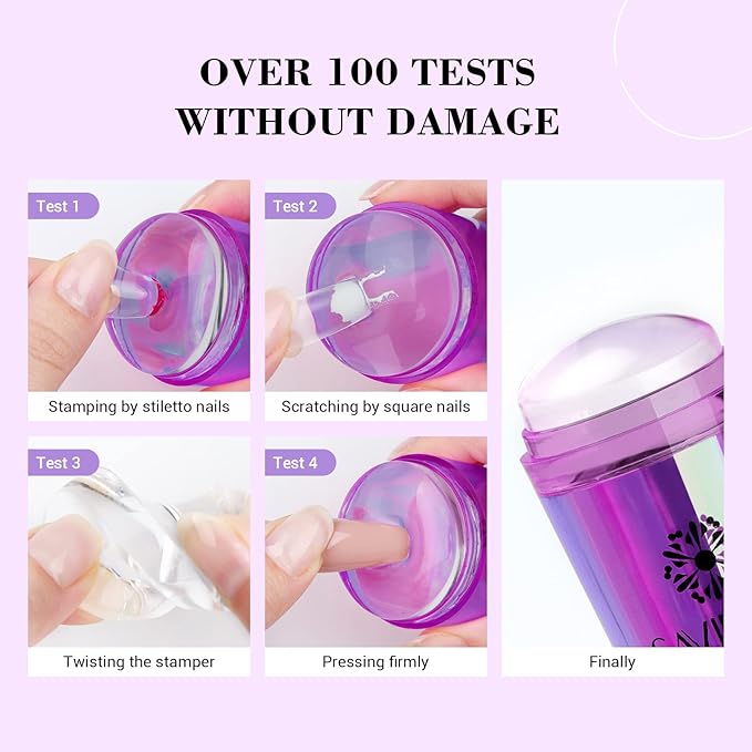 Saviland French Tip Nail Stamp: 5PCS Purple Radium Jelly Stamper Nail Art Stamper Kit, Long & Short Clear Silicone Nail Stamping with Scrapers Nail Stamp for French Manicure