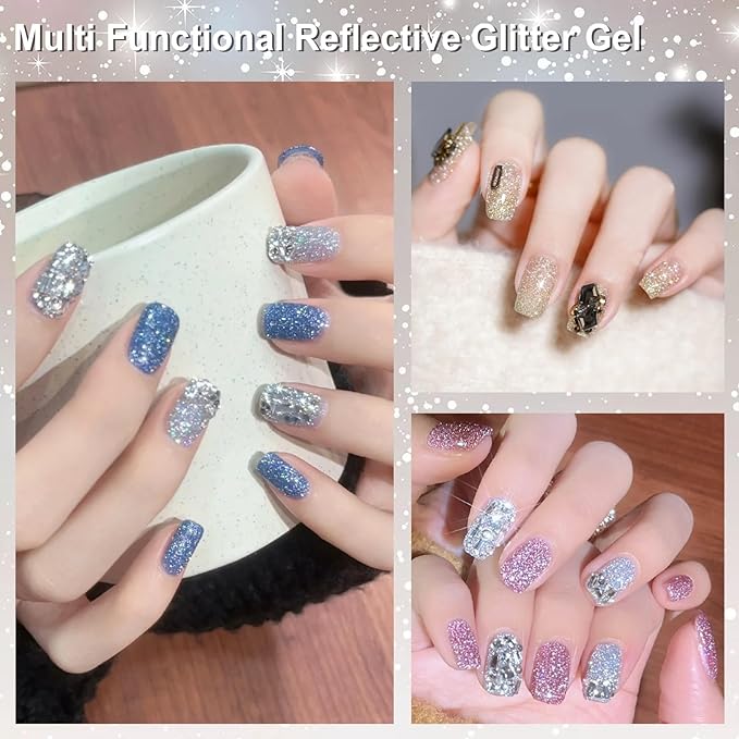 Allstarry Reflective Glitter Gel Nail Polish, 15ml/0.5 Fl Oz Shimmer Sparkle Diamond Glitter Gel Polish UV LED Curing Soak Off Home DIY Nail Salon for Nail Art Disco Party Nightclub Wedding - Silver