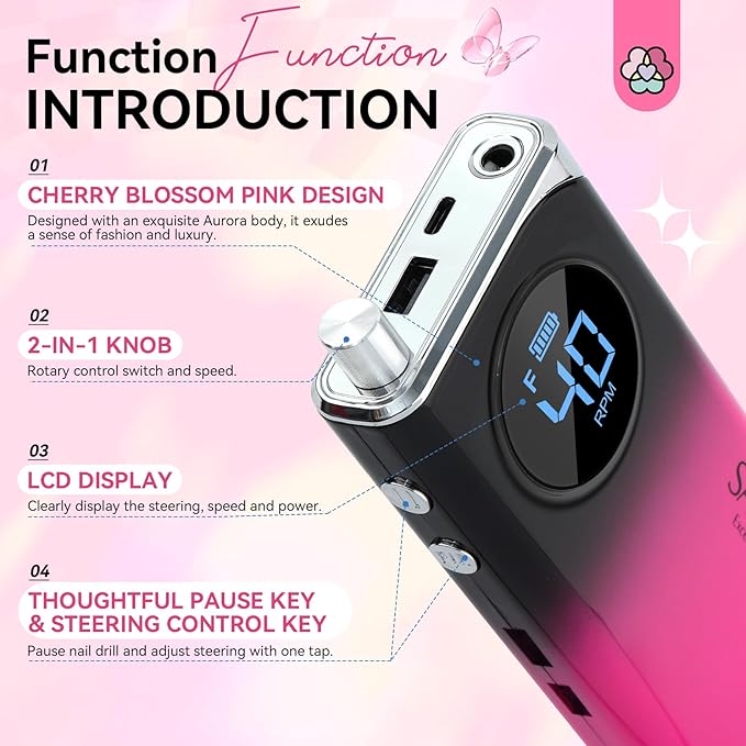 SAVILAND Professional Electric Nail Drill Machine: 40000RPM Rechargeable Nail Drill File with 4000mAh Battery, Ceramic Bit and Sanding Bands for Manicure, Pedicure, Shaping & Acrylic Removal Salon Use