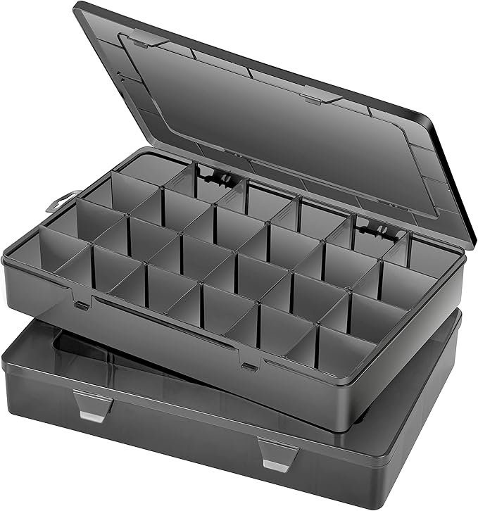 Large 24 Grids Plastic Organizer Box Adjustable Dividers,Clear Storage Box for Jewelry, Art DIY Crafts, Washi Tapes, Beads and Small Parts(Black,2Pack)