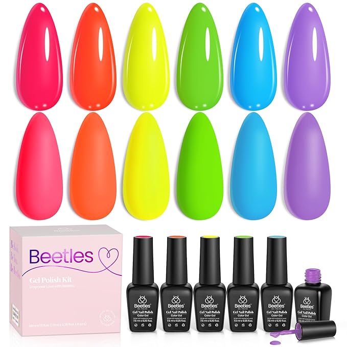 Beetles Neon Gel Nail Polish Set, Summer Gel Polish Kit 6 Colors Hot Pink Orange Yellow Green Blue Purple Soak Off UV Nail Lamp Design Manicure Gift for Women Girls Rainbow Kingdom