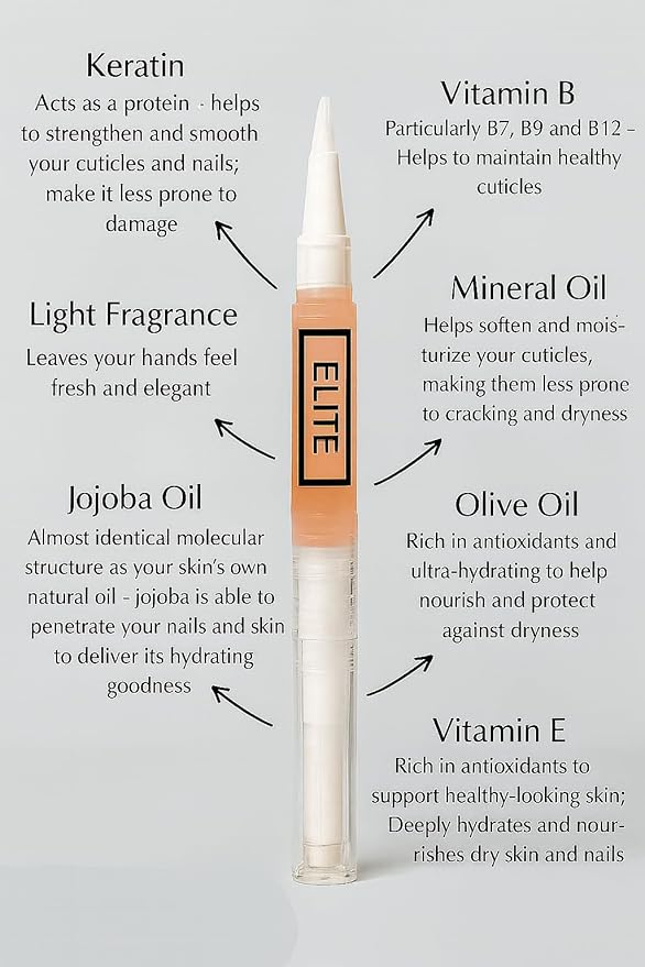 Elite Cuticle Oil Pen (Peach) – Hydrating Nail & Cuticle Oil with Jojoba Oil & Vitamin E – Sweet Scented Nail Care Treatment (3ML)