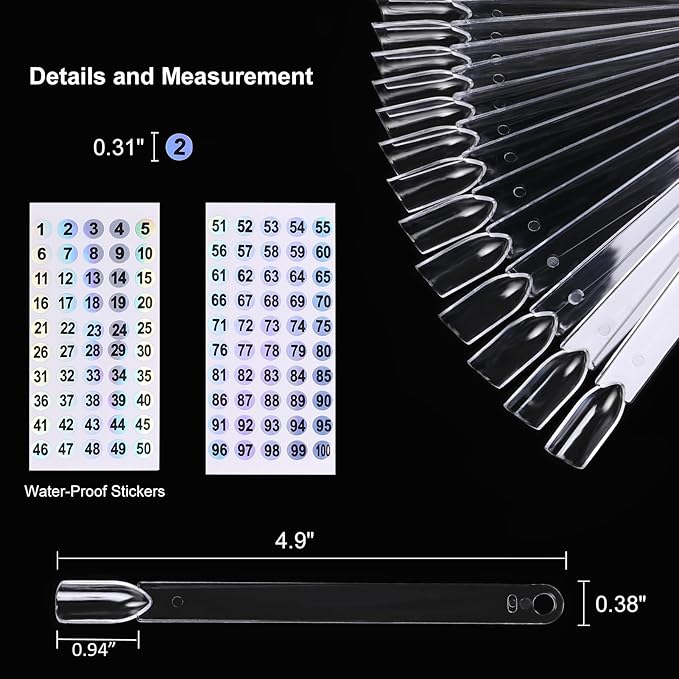 100 ps Fan-Shaped Nail Swatch Sticks with Number Stickers, Nail Practice Sticks, Color Display Wheel, Sample Tips(Transparent)