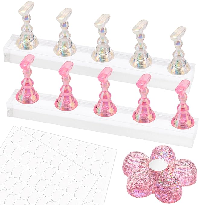 Nail Stand for Press Ons, Nail Holder for Painting Nails, Upgraded Solid Acrylic Magnetic Fake Nail Stands Tips, Flower Nail Holder with Double-sided Tape Practice Nail Art Tools
