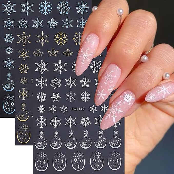 6 Sheets Christmas Snowflake Nail Art Stickers 3D Self -Adhesive Winter White Snowflake Nail Decals Holographic Festival French Nail Stickers Christmas Nail Staickers Decoration for Women Manicure