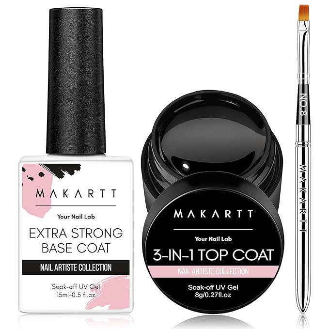 Makartt Gel Top and Base Coat Set: 2-Piece Gel Polish Kit with Nail Art Brush, 15ml Strong Base Gel and 8ml Glossy Hard Top Coat, Long-Lasting Formula for Salon Use, Requires UV/LED Lamp