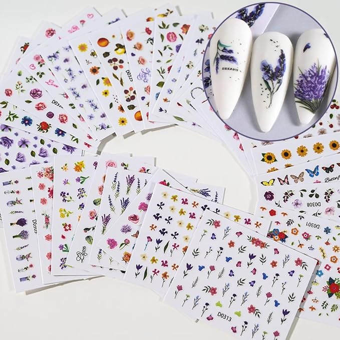 30 Sheets Flowers Nail Art Stickers Colorful Floral Butterfly Nail Stickers 3D Self Adhesive Cute Daisy Flower Nail Decals Spring Nail Supplies Nail Art Design Decoration Accessories for Women Girls
