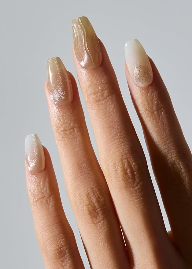 ohora Semi Cured Nail Strips (N Snow Spell) - Works with Any UV/LED Lamps, Salon-Quality, Long Lasting, Easy to Apply & Remove - Includes 2 Prep Pads, Nail File & Wooden Stick