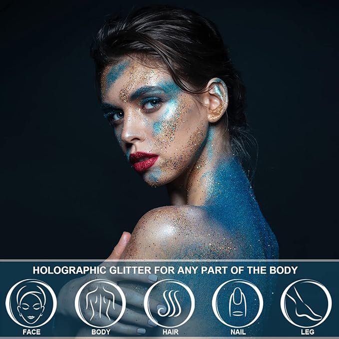 Holographic Face Glitter Gel Body Shimmer Makeup for for Hair, Face, Clavicle, Arm, Nail, Eyeshadow, Long Lasting Waterproof Mermaid Sequins Party Glitter for Rave Festival, 1.35oz (Sky Blue #8)