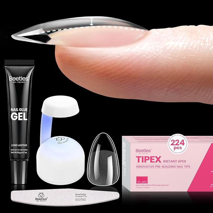 Beetles Tipex Instant Apex Nail Tips Kit, Almond Short, 224Pcs 16 Sizes, with Tipex UV Nail Glue Mini Nail Lamp,Pre-Building & Pre-Etched Thicker Acrylic Nails False Nail Extension