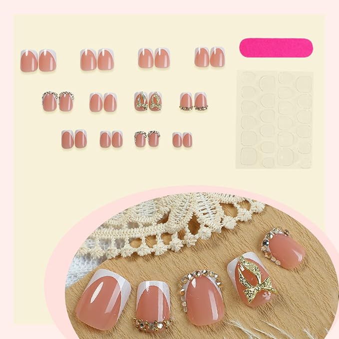 White French Tip Press on Nails Short Square Fake Nails Gold Rhinestones Full Cover Glue on Nails Gold Alloy Bow Design Acrylic False Nail Fall Winter Glossy Artificial Nail Reusable for Women