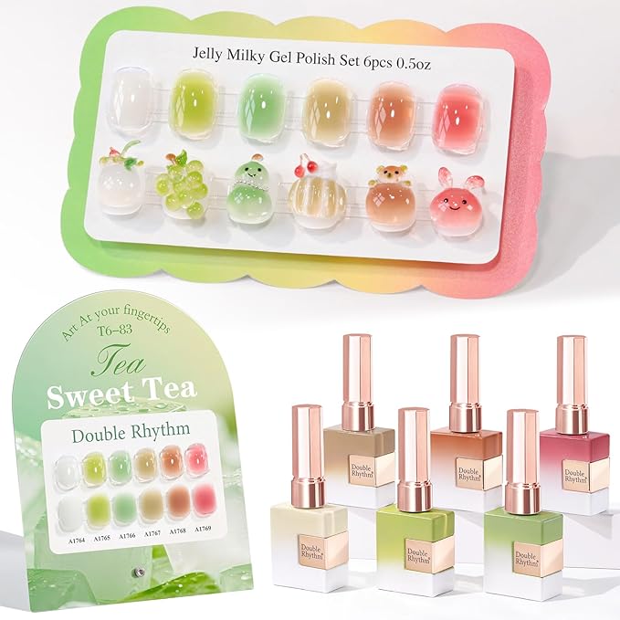 Double Rhythm 6 Pcs 15 ML Gel Polish Set Same Color Same Bottle Soak Off Gel Polish Kit Nail Art Manicure Salon DIY at Home (Jelly White Mint Green Olive Tea Brown Rose Red-T6-83)
