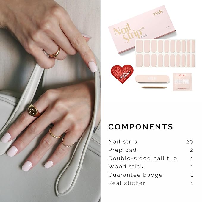 NAILOG Semi Cured Gel Nail Strips, 20Pcs Light Cream Gel Nail Stickers, Salon Quality Easy Apply & Remove Works with Any UV/LED Nail Lamps, White Gardenia