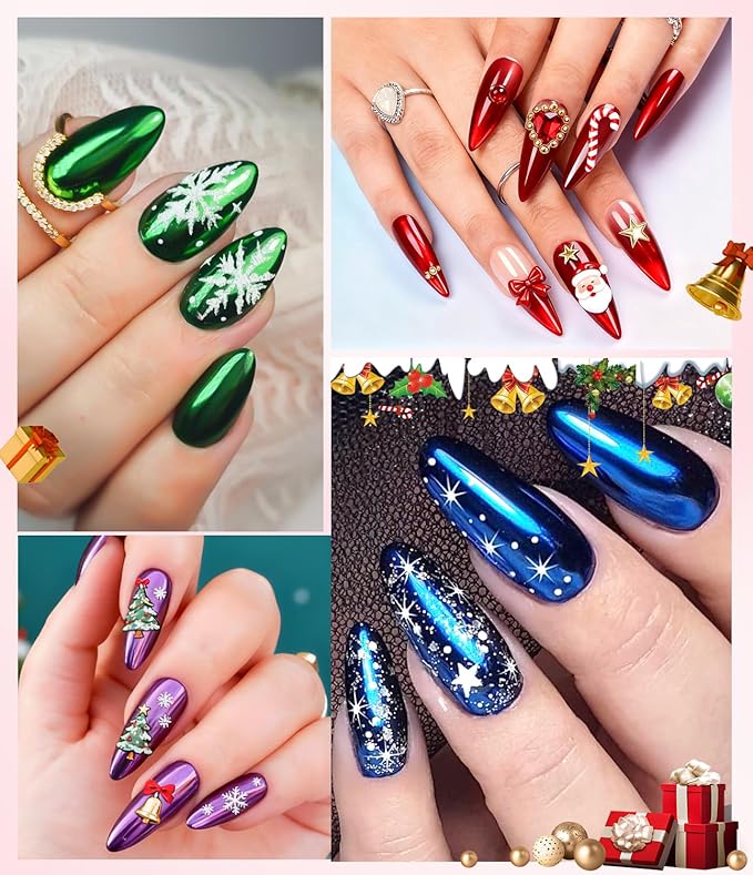 Red Green Chrome Nail Powder - 6pcs Christmas Blue Purple Gold Nail Chrome Powder, Sparkly Holographic Chrome POwder for Nails Mirror Effect Glitter Pigment Dust - Christmas Nail Home DIY