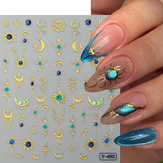 Gold Silver Star Sun Moon Nail Stickers for Nail Art 3D Self-Adhesive Stars Sun Moon Nail Tip Decals Spring Summer Fall Daily Design Manicure Decoration Accessories Stickers for Women DIY Nails