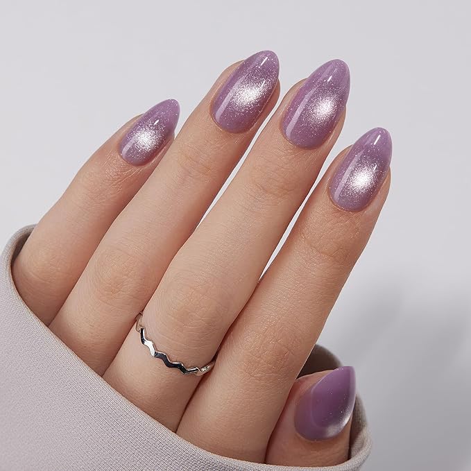 VSALON Press On Nails Short Almond, Purple Cat Eye Glitter Holographic Nails Kit for Woman, Reusable Fake Nails with Soft Gel Nail Glue & Cuticle Oil, Tabs & Nail File- 32 PCS in 16 Sizes