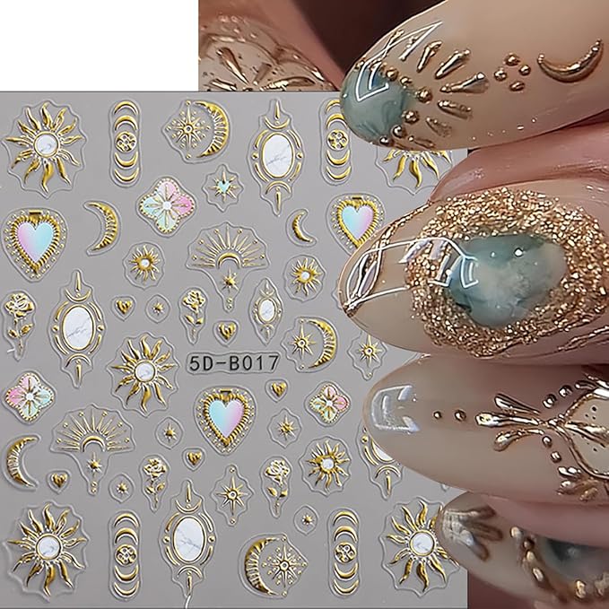 Stars Sun Moon Nail Art Stickers Decals 3D Self Adhesive Gold Stars Sun Moon Nail Stickers Nail Design Stickers Women Manicure Supplies DIY Sticker French Tips Nails Decals for Salon