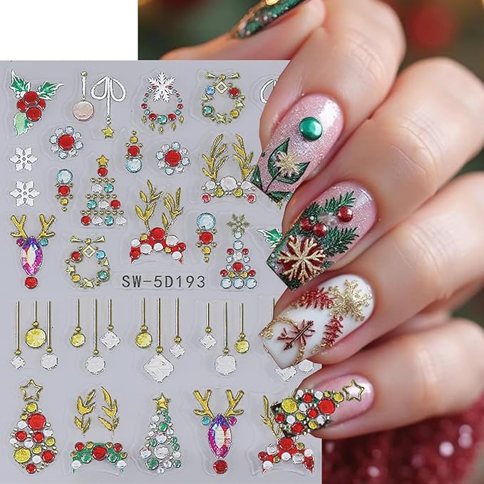 2 Sheets Christmas Nail Stickers 5D Embossed Winter Nail Art Stickers Xmas Tree Holly Wreath Elk Bow Rhinestones Nails Designs Self-Adhesive Gold Nail Decals Snowflake Nails Art Supplies for Women