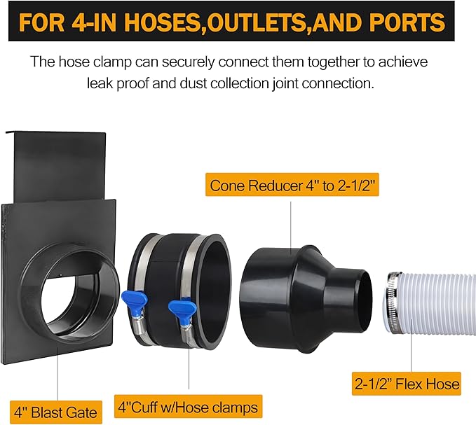 4” Dust Control Flex Cuff and Adjustable Key Hose Clamps for Woodworking Dust Collection Hose Rubber Cuff Coupler Fitting -2 Pack (70369-P2)