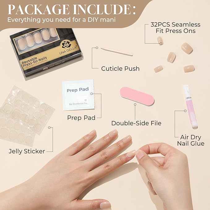 UNA GELLA Short Square Press On Nails: Nude Soft Gel Press Ons Short with Nail Glue, 16 Sizes - 32 Reusable Fake Nails Kit, Skin Tone Nude
