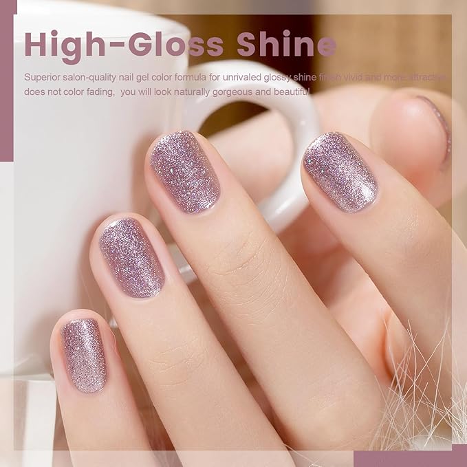 RARJSM Glitter Gel Polish Metallic Rose Pink Shiny Diamond Sparkly Holographic Iridescent Chunky Purple Pink Pigments Nail Gel Polish Soak off L e d U V Curing Required for Nail Art Salon Manicure