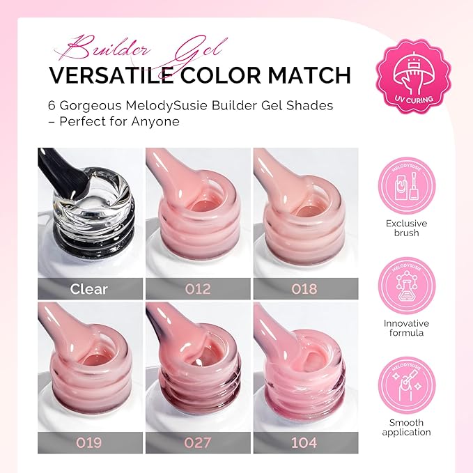 MelodySusie Builder Gel Nail Polish Set, Base Colors Nude Pink Clear 8 in 1 Nail Thickening Rubber Base Gel Polish,Soak Off UV Extension,Rhinestone Nail Glue in a Bottle Gift for Women 6 Colors